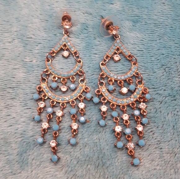 Turquoise & Crystal Chandelier Earrings Y2K - Picture 1 of 3